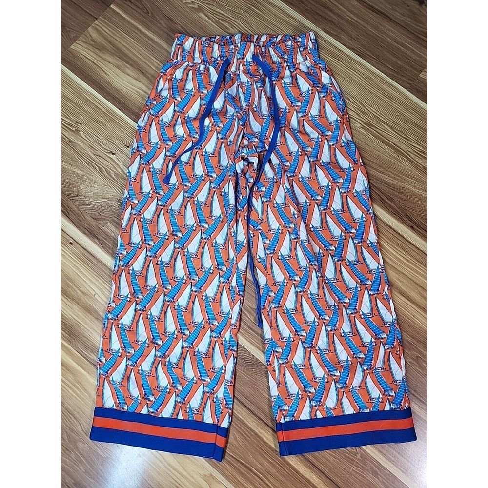 Mark Pants 70s Wide Leg Women Size XS Boho Nautica Sailboats Orange Blue Pattern